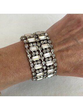 Vintage Silver 7 Row Clear Rhinestone Wide Cocktail Statement Bracelet 6.75"